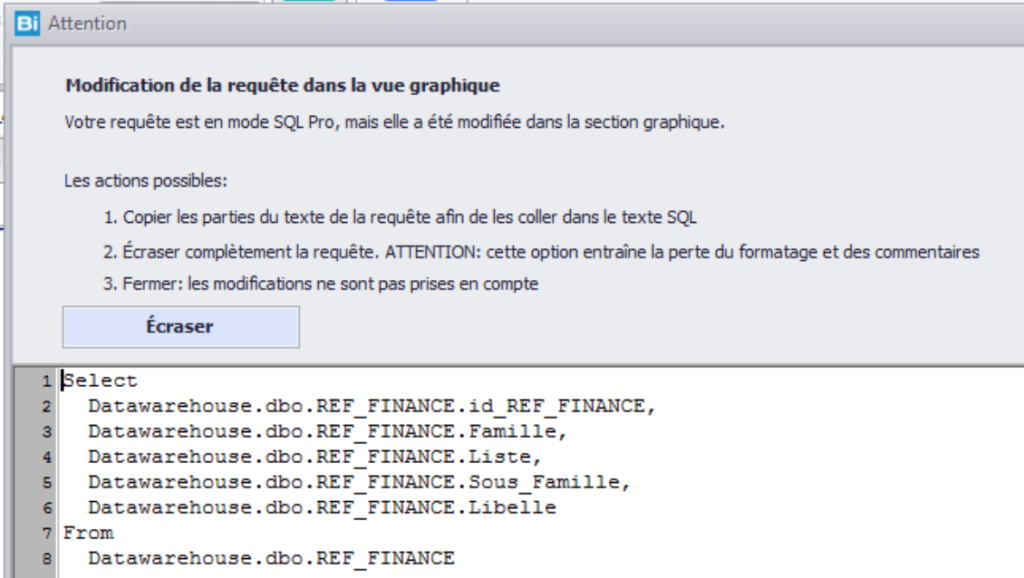 Requêtes - Edition du SQL textuel - Message d'alerte