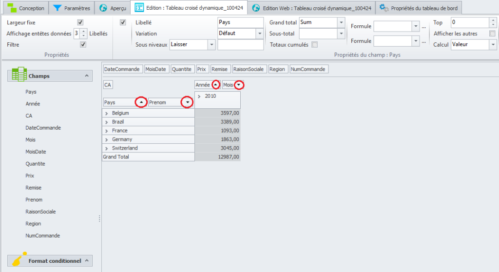TCD - options de tri