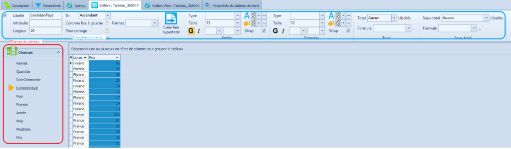 tableau simple - options d'un champ sélectionné