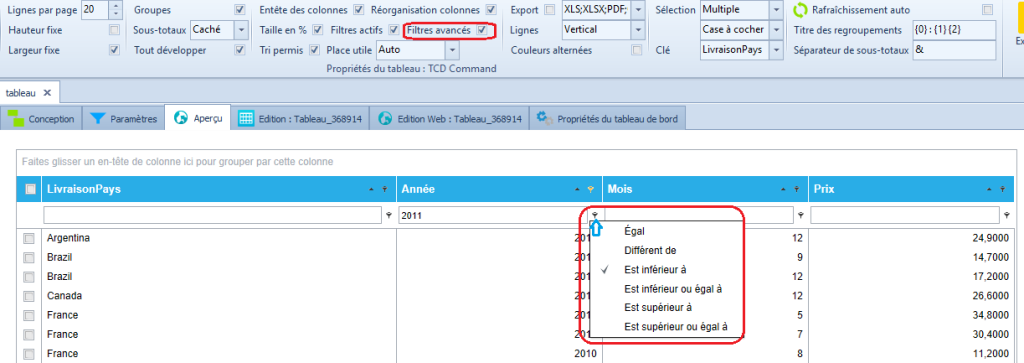 tableau simple - activation des filtres avancés