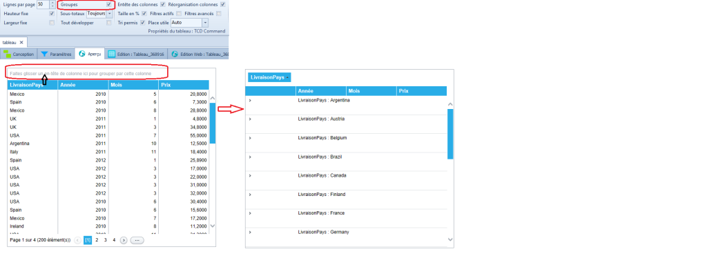 Tableau simple - groupement de colonnes (rupture)