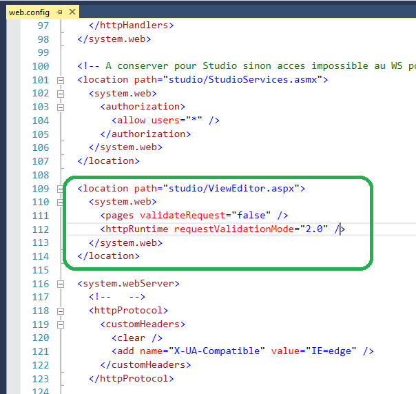 Propriétés tableau de bord - web.config activation prompt pour le TdB