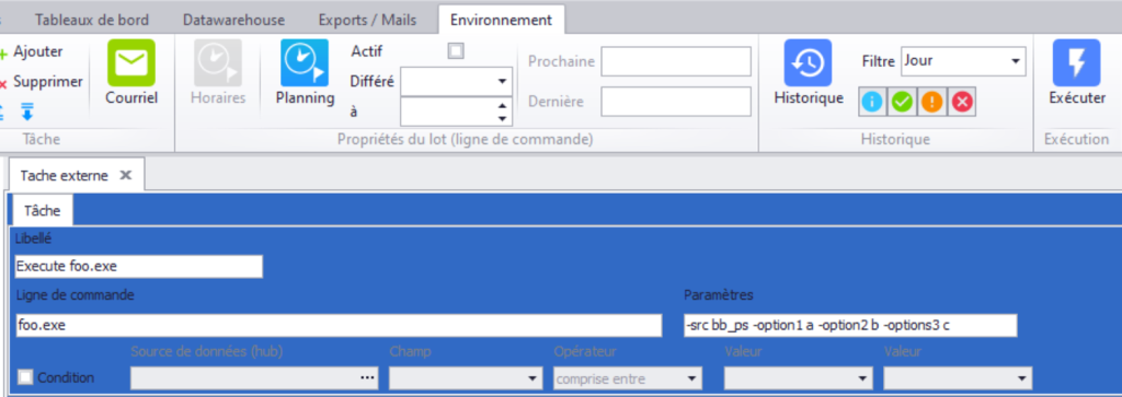 Environnement - configuration d'une tâche externe