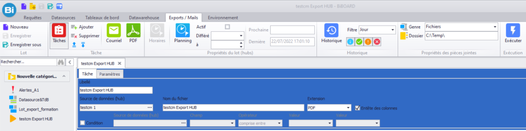 Exports Mails - interface d'une tâche